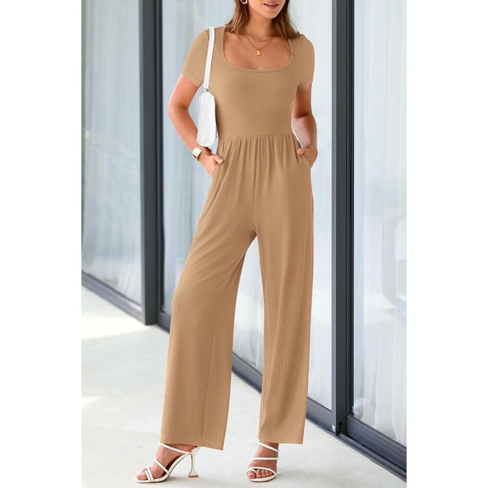 Women's Camel Summer Short Sleeve Square Neck Wide Leg Rompers Jumpsuits - Picture 4 of 8